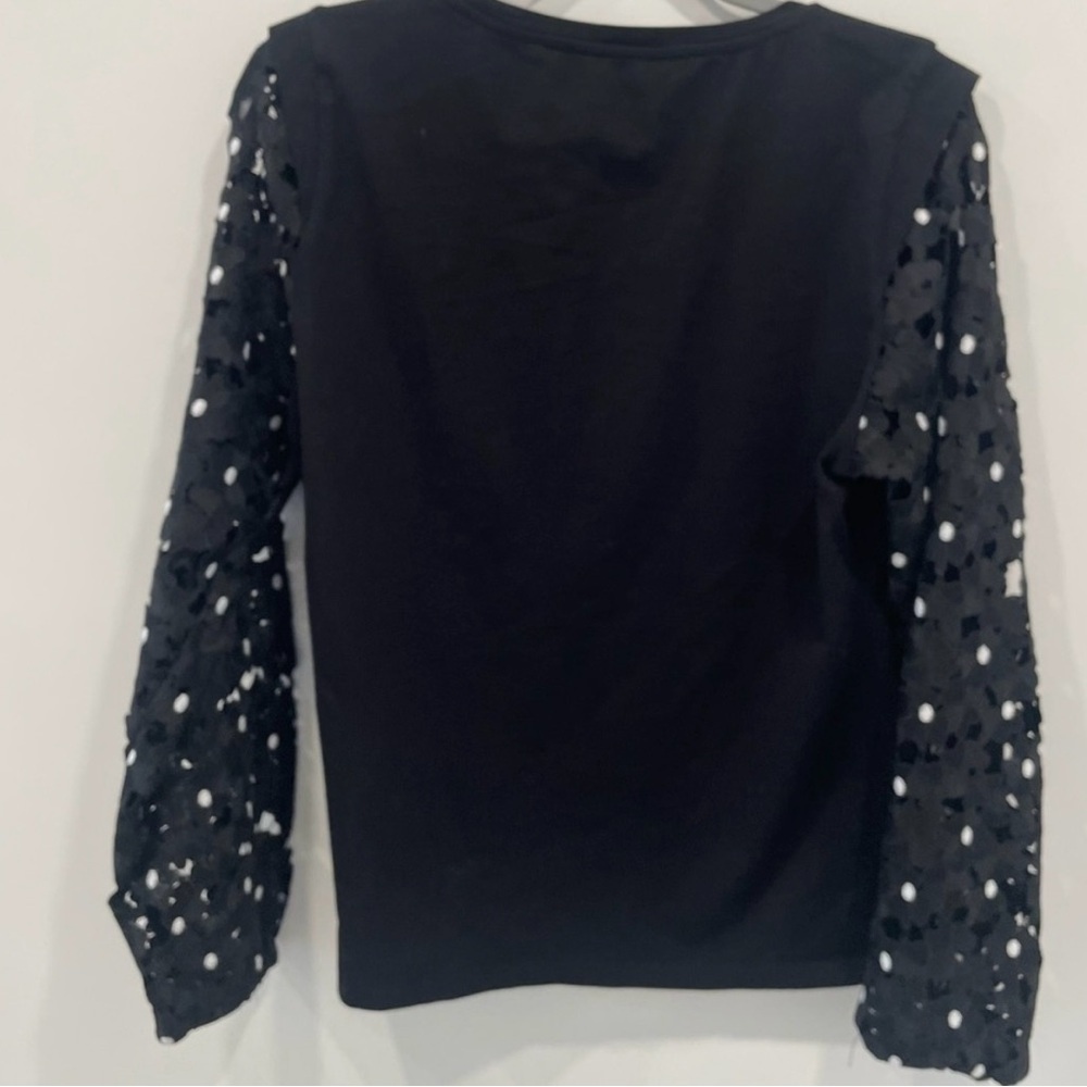 Donna Karan Pullover Size Large Black White Bell Lace-Sleeve Half Zip Crewneck - Picture 2 of 5